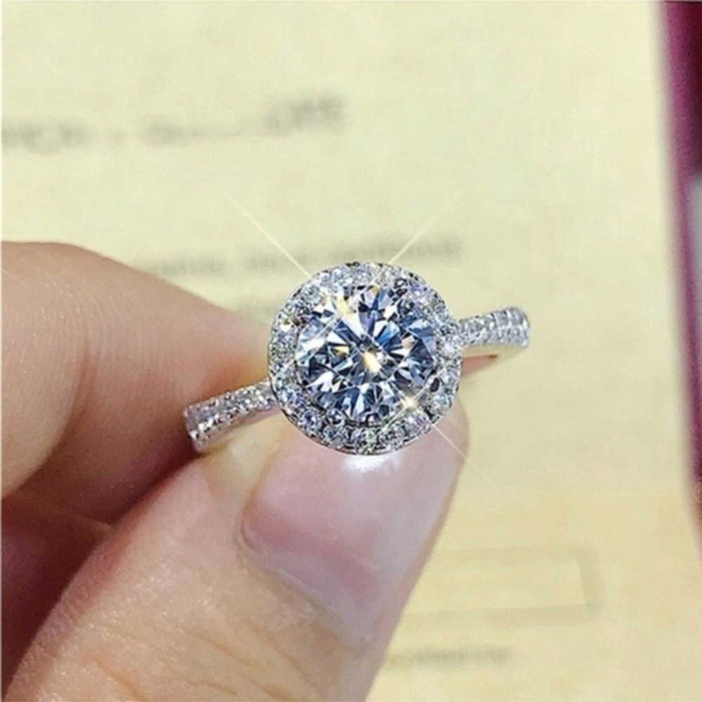 Simulated Diamond Halo Engagement Ring Silver Tone Round Cut NWT
